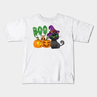 Black cat Haloween design Kids T-Shirt